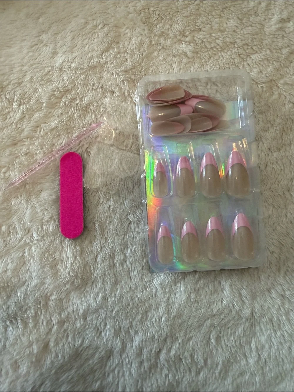 Women press on nails almond shape, pink French tip 24pcs